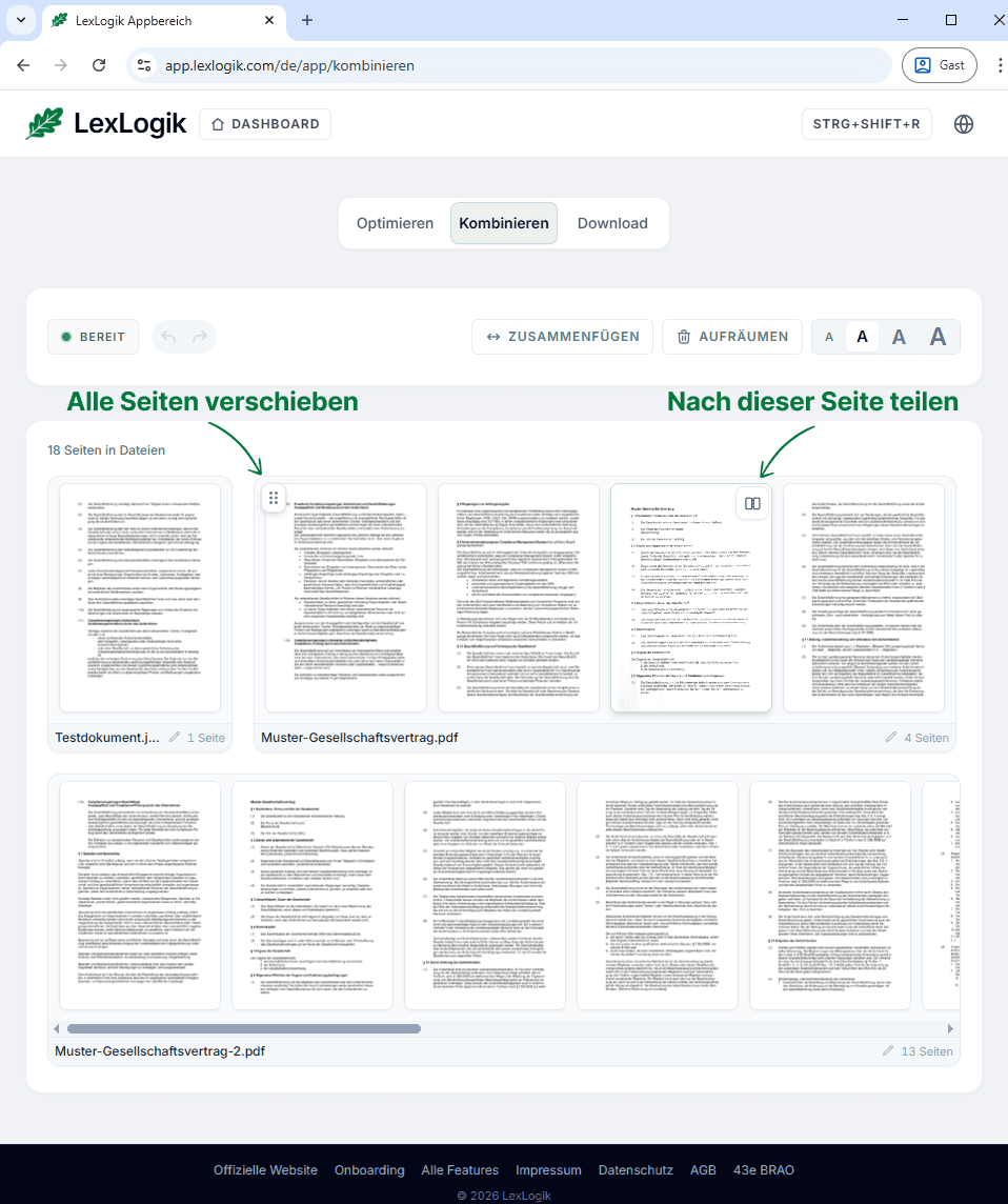 Screenshot aus LexLogik Kombinieren: langes PDF, Aufteilung ab gewählter Seite in eine Spalte.