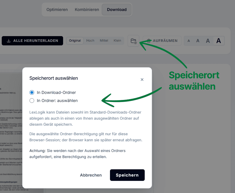 Screenshot aus LexLogik Download: Ordner-Symbol zum Wählen eines festen Zielordners neben „Alle herunterladen“.