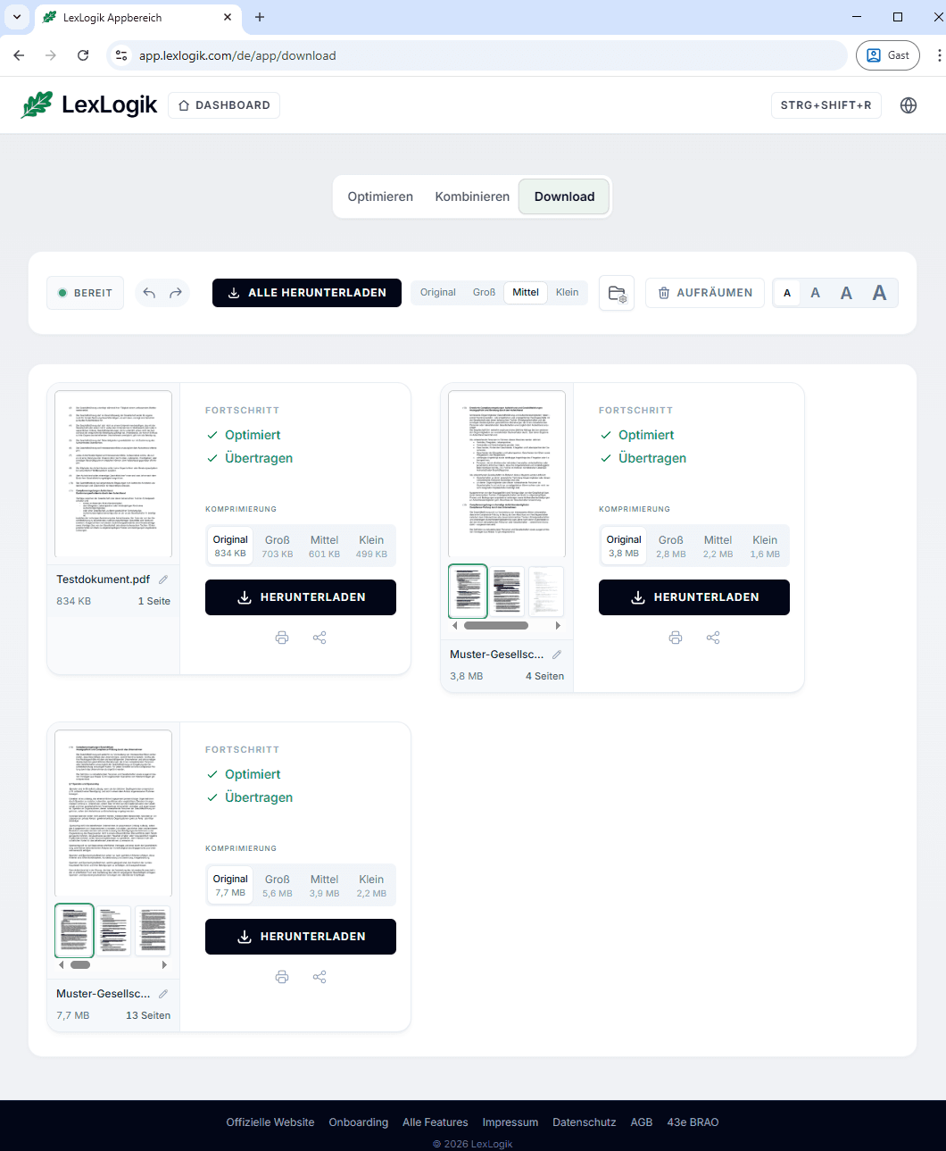 Screenshot aus LexLogik: Export aus Kombinieren und Ergebnis im Download-Bereich.