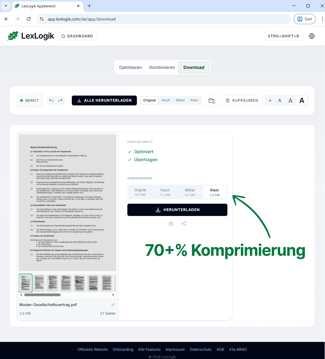 Screenshot aus LexLogik: Download mit Vorschau, Fortschritt und Kompressionsstufen von Original bis Klein.