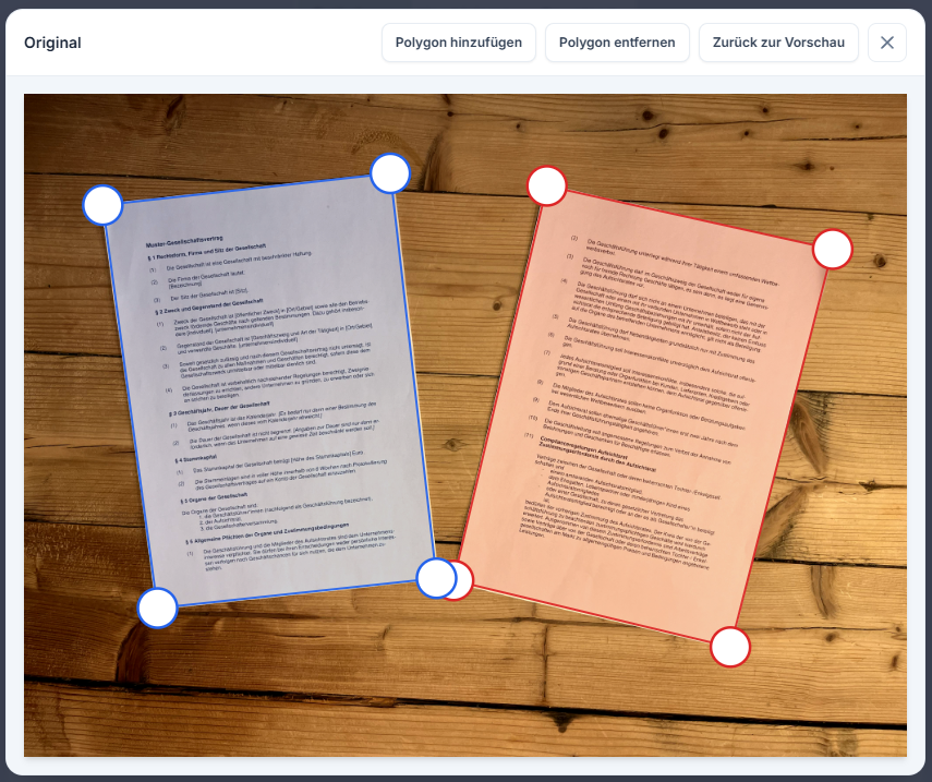 LexLogik screenshot: original view with manually placed corner points for area selection.