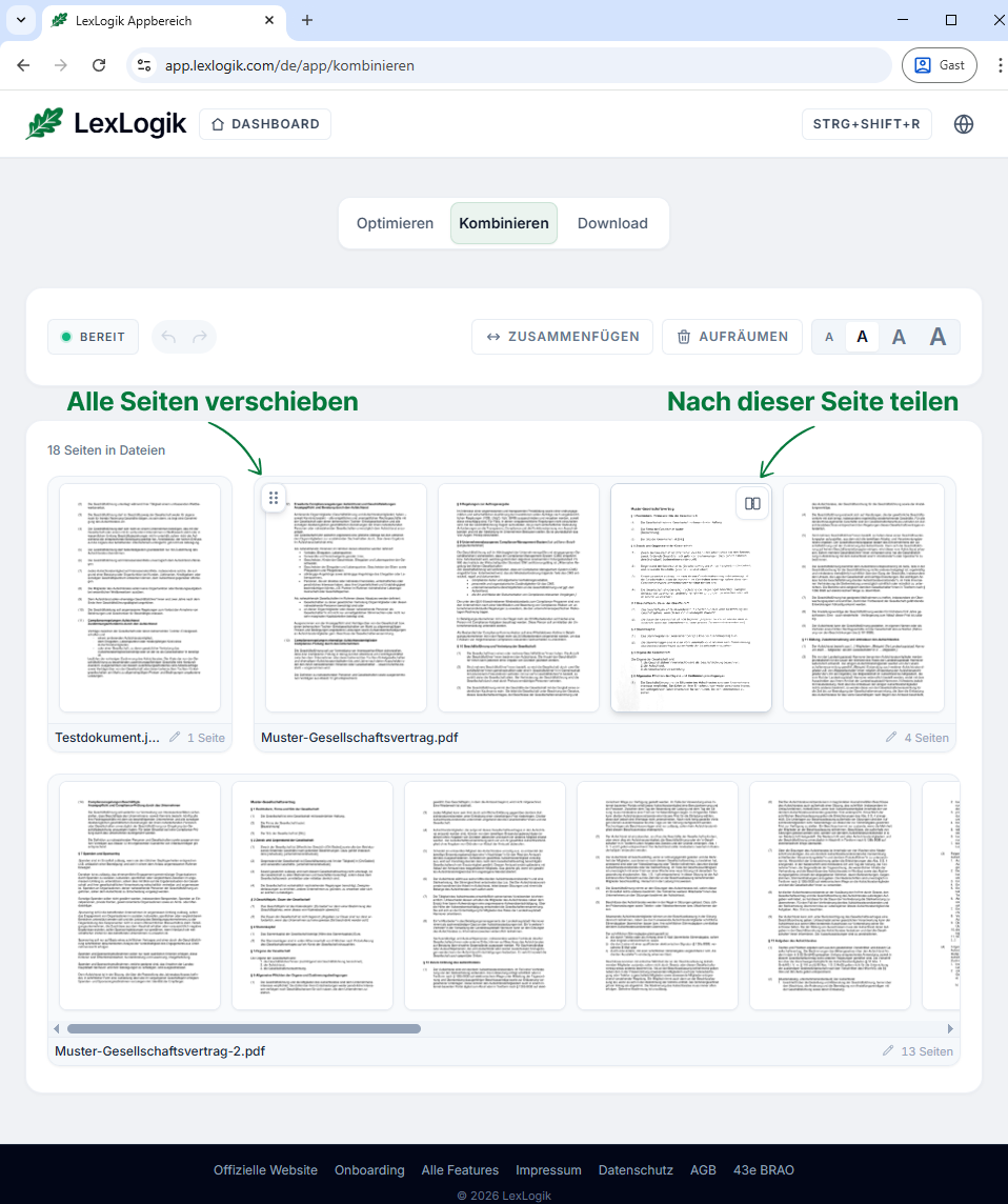 LexLogik Combine: long PDF, pages into columns