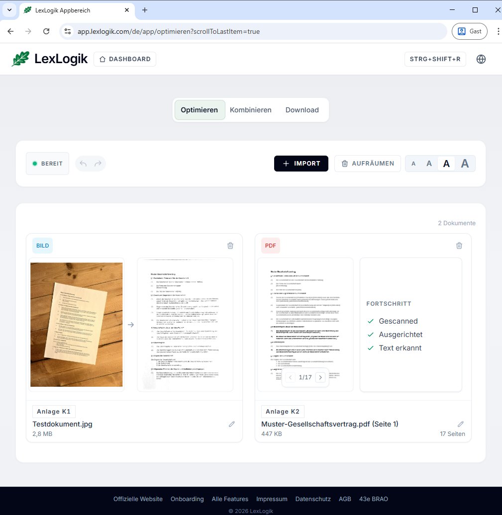 LexLogik Optimize screenshot: document cards with progress through “Text recognized” and flagged review spots.