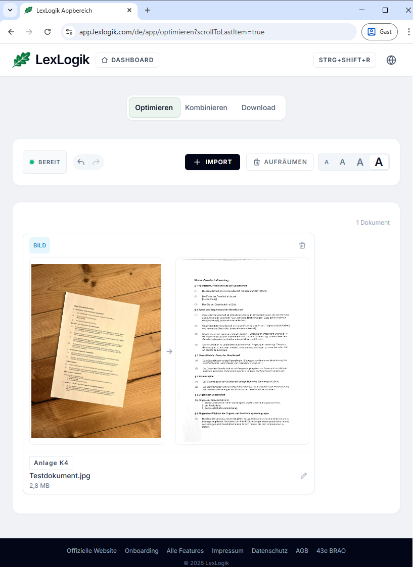LexLogik screenshot: Optimize view showing an upload card, preview, and processing status.