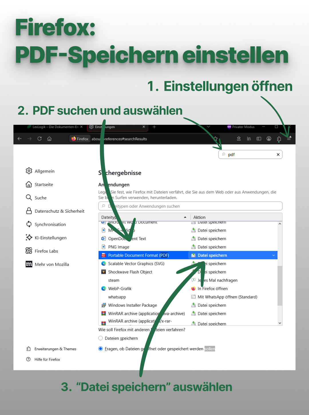 Guide: open Firefox settings, search for PDF, select Portable Document Format, and set the action to “Save file.”